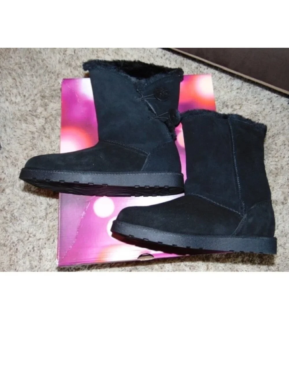 SO Winter Boots 7.5 Womens Black Mid Calf Pull On Plush Suede Button Fx Fur Trim